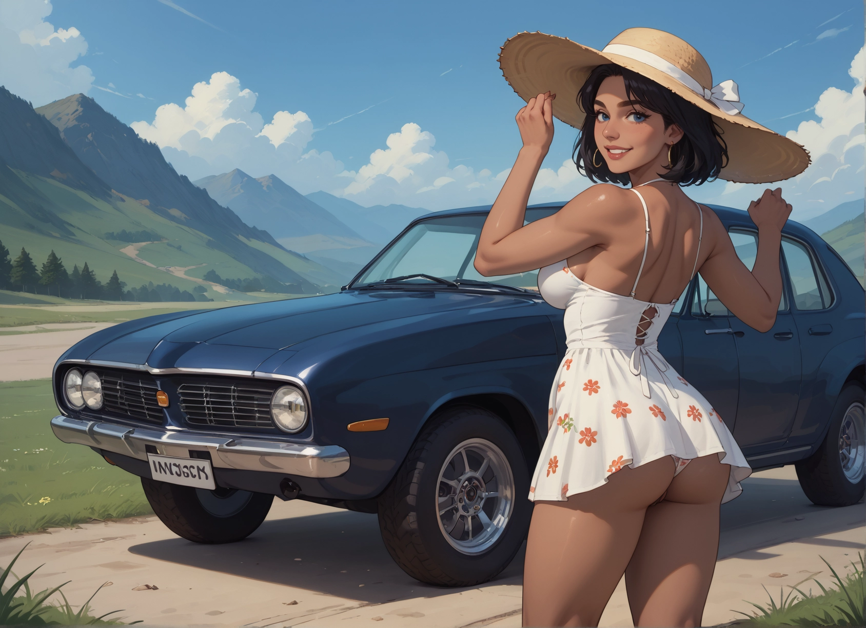 1girl, ass, hat, ground vehicle, motor vehicle, car · Yamete.gg