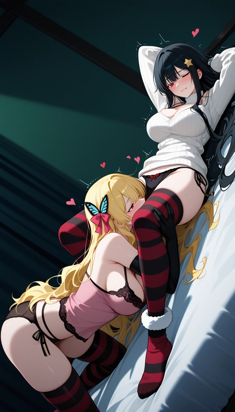 breasts, multiple girls, 2girls, yuri, blonde hair, long hair