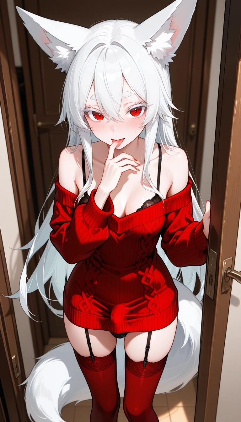 1girl, red eyes, solo, thighhighs, sweater, long hair