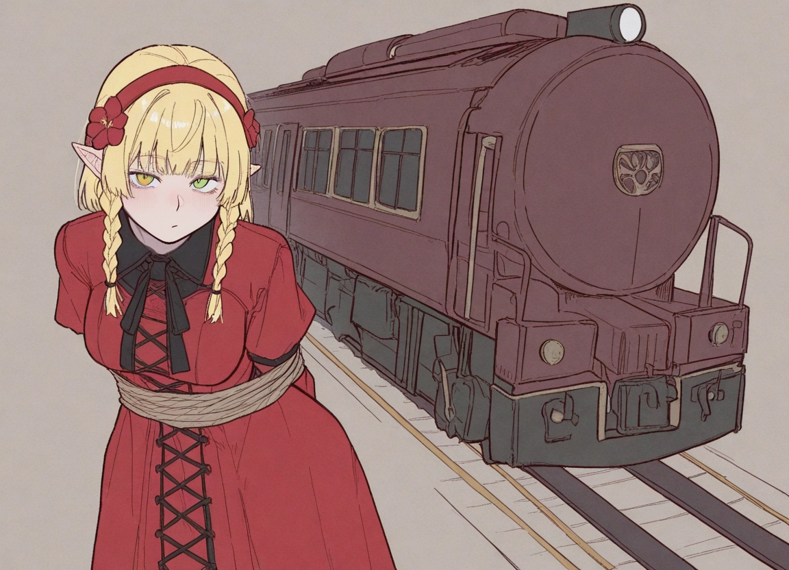 1girl, braid, blonde hair, pointy ears, solo, hairband