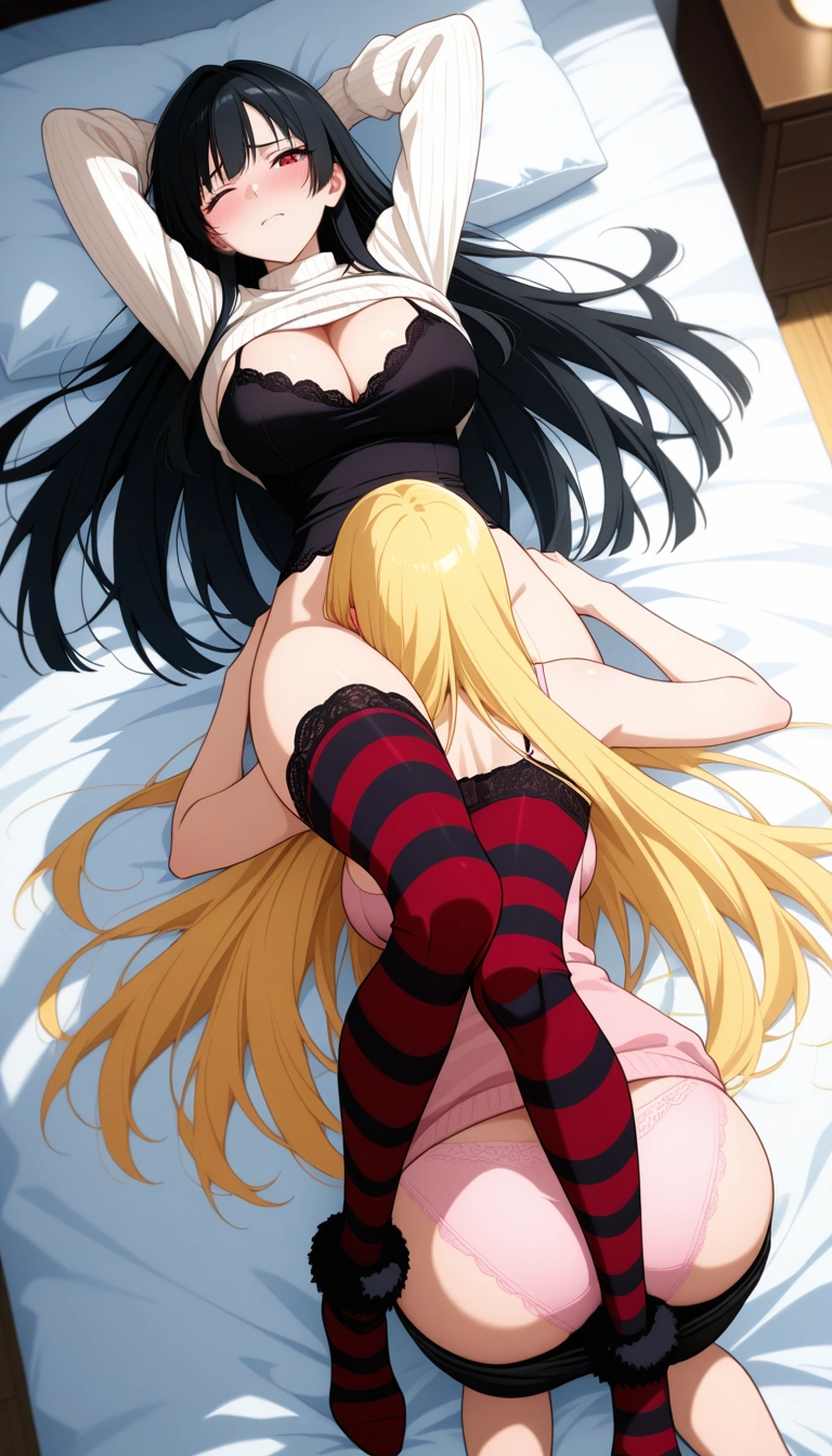long hair, multiple girls, underwear, on bed, breasts, black hair