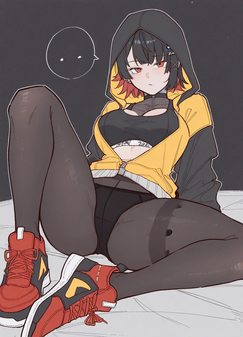 1girl, solo, hood, breasts, pantyhose, black hair · Yamete.gg