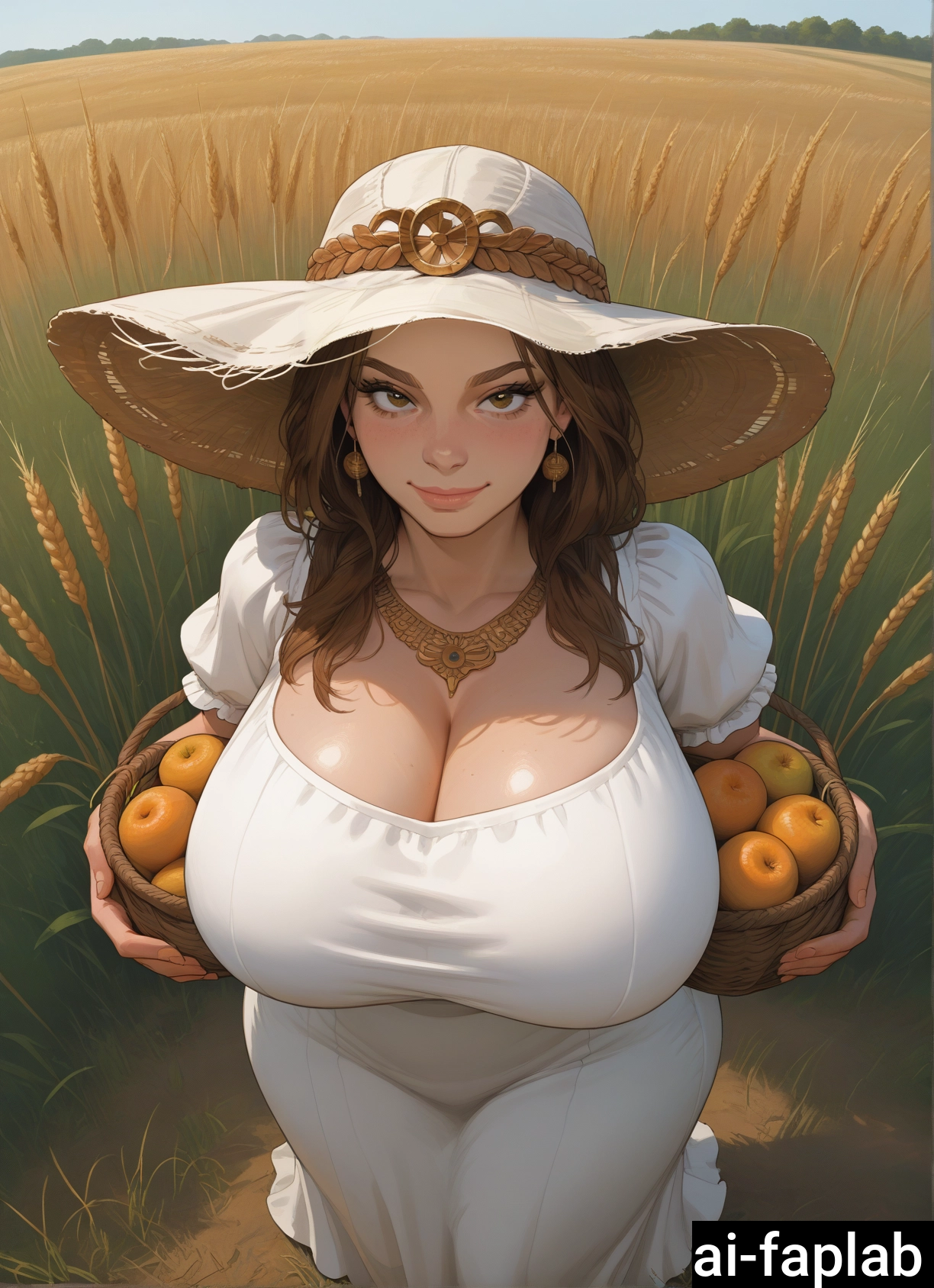 1girl, breasts, jewelry, hat, cleavage, basket