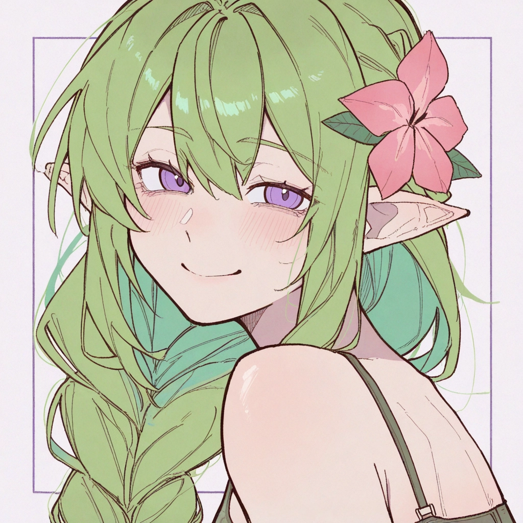 1girl, pointy ears, flower, solo, green hair, hair ornament · Yamete.gg