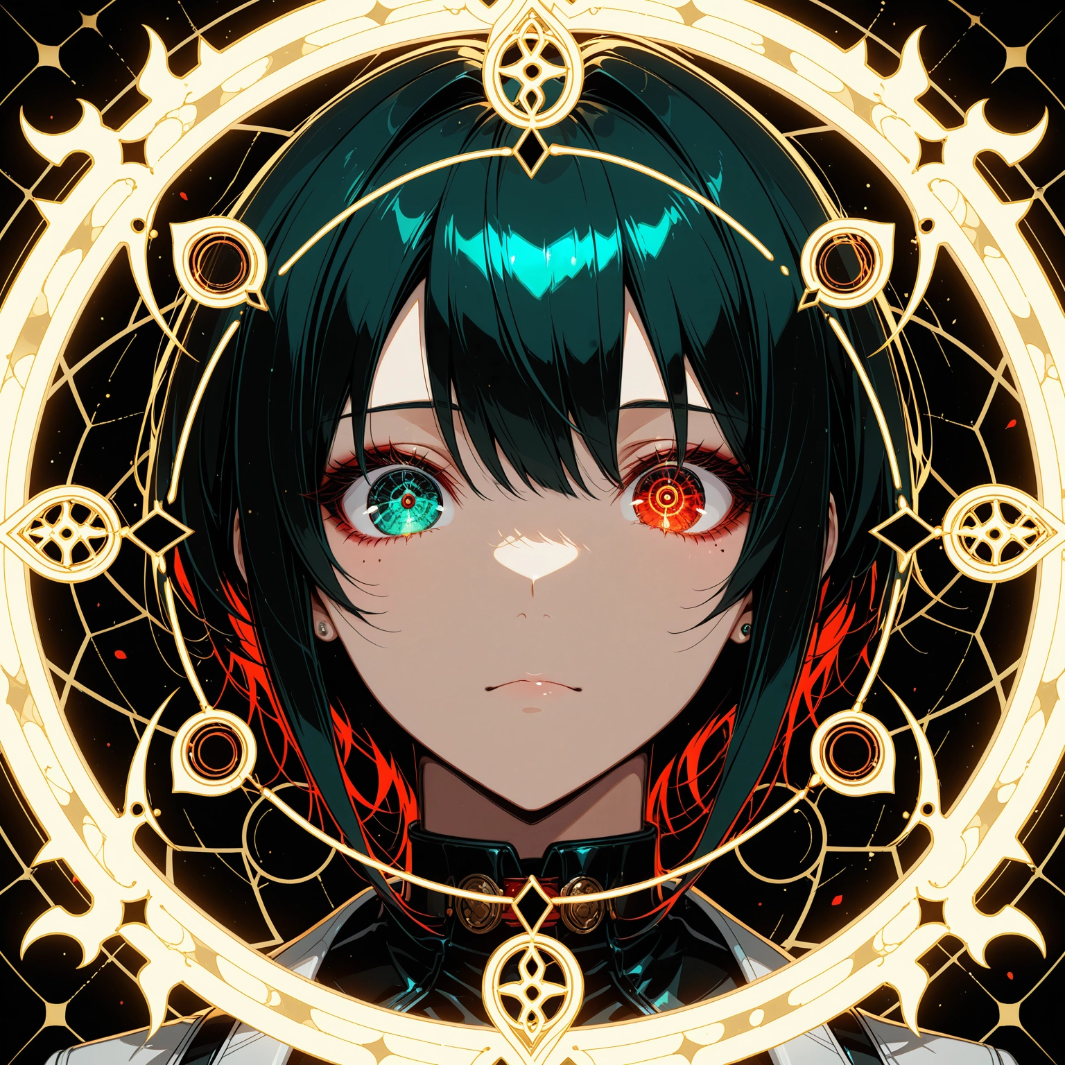 1girl, solo, heterochromia, looking at viewer, portrait, red eyes