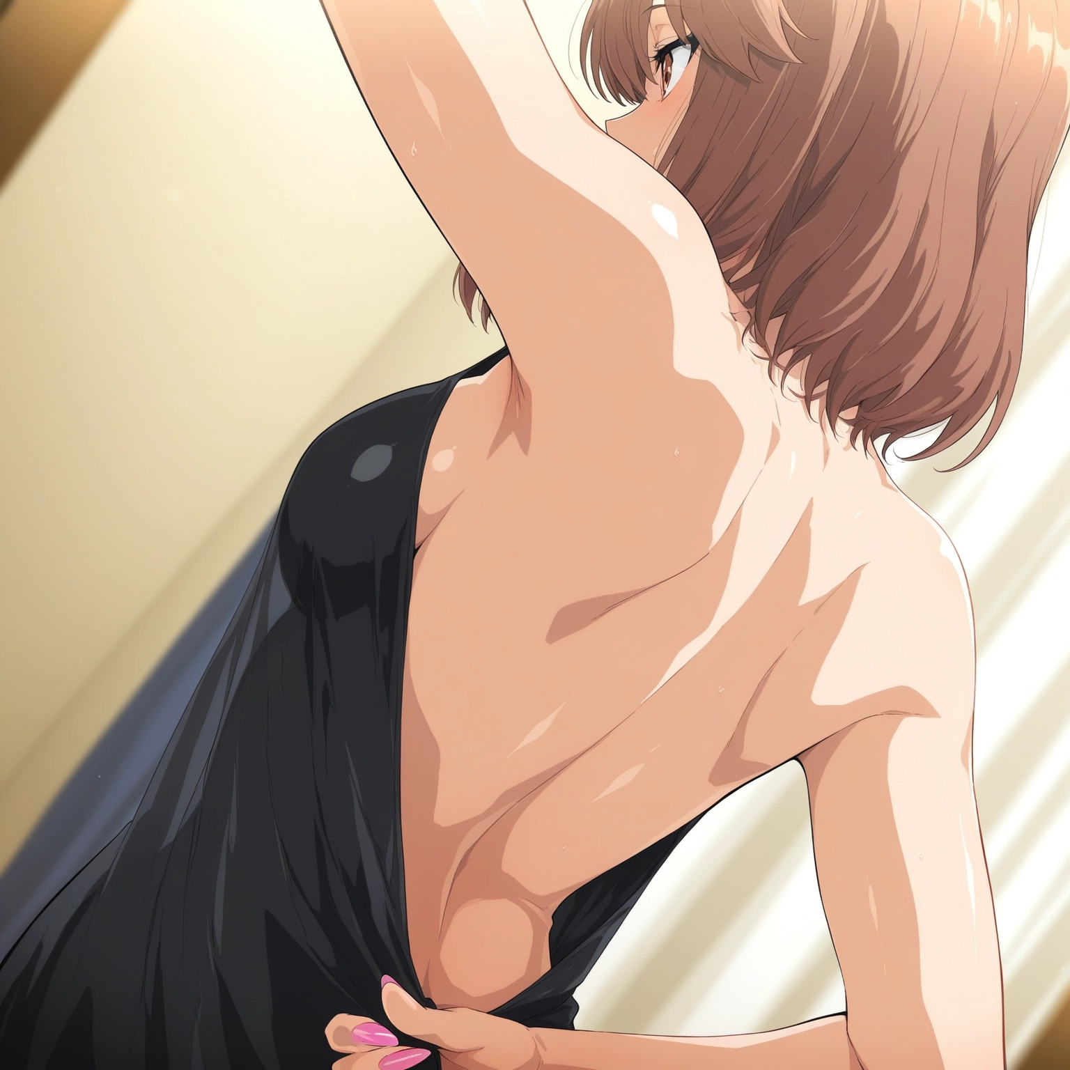 1girl, solo, breasts, brown hair, dress, backless outfit · Yamete.gg