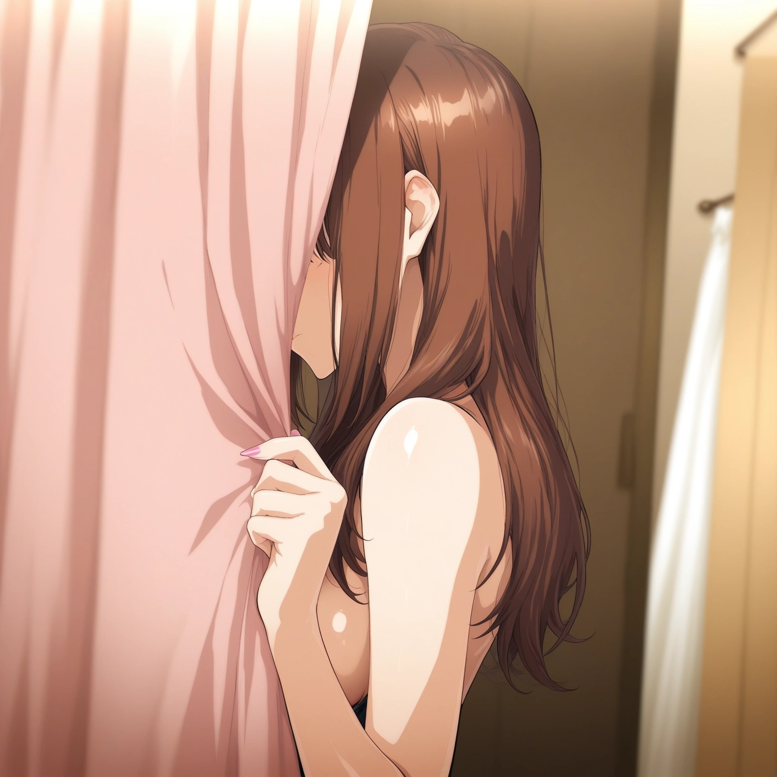 1girl, solo, brown hair, breasts, long hair, curtains · Yamete.gg