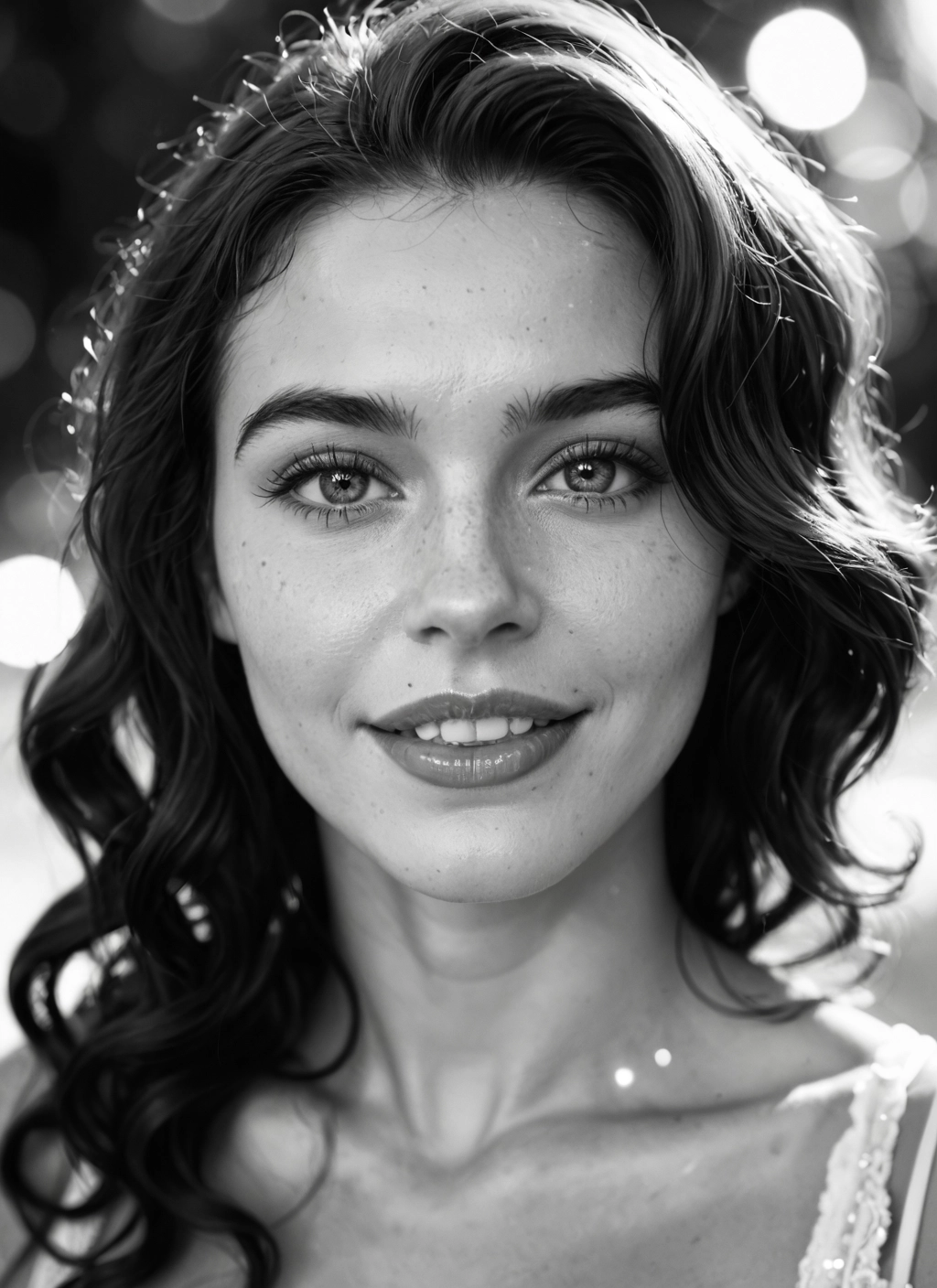 1girl, solo, monochrome, greyscale, smile, freckles · Yamete.gg