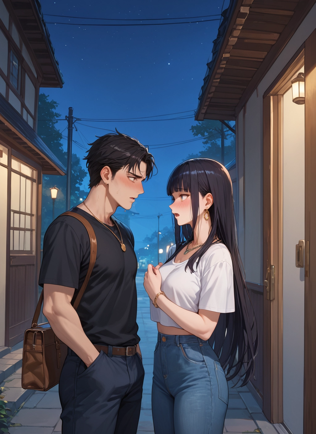 1girl, 1boy, long hair, jewelry, black hair, pants · Yamete.gg