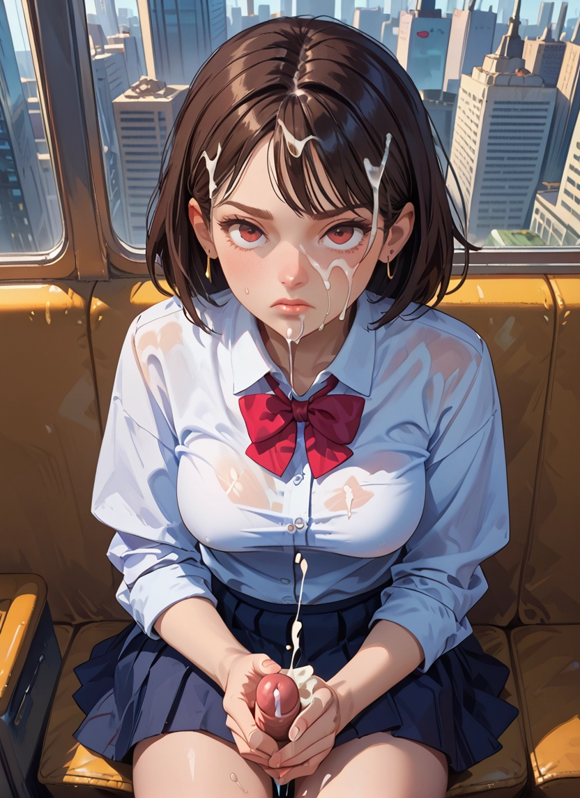 futanari, 1girl, cum, penis, skirt, brown hair · Yamete.gg