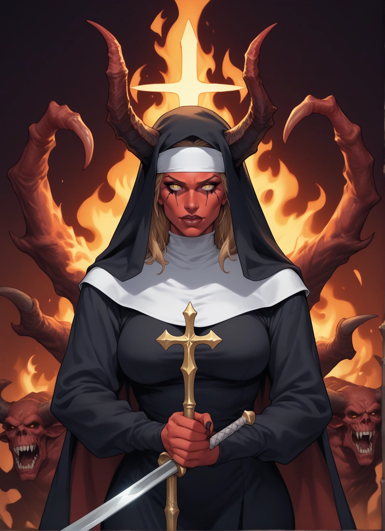 1girl, weapon, horns, nun, sword, blonde hair · Yamete.gg
