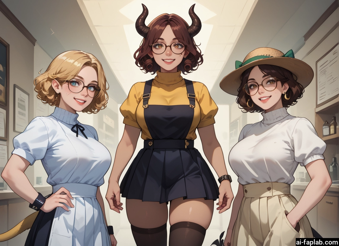multiple girls, horns, thighhighs, 2girls, glasses, hat · Yamete.gg