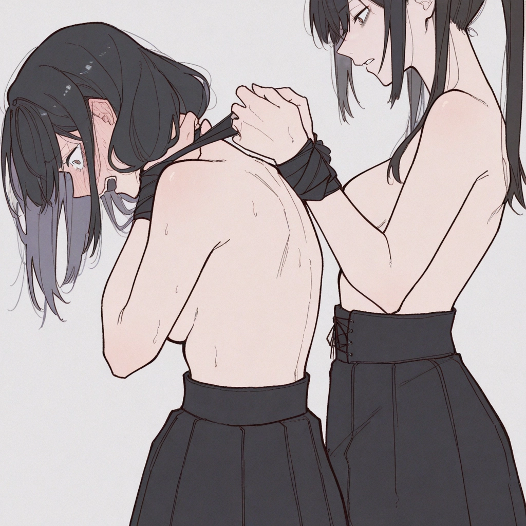 multiple girls, 2girls, breasts, skirt, topless, blush · Yamete.gg