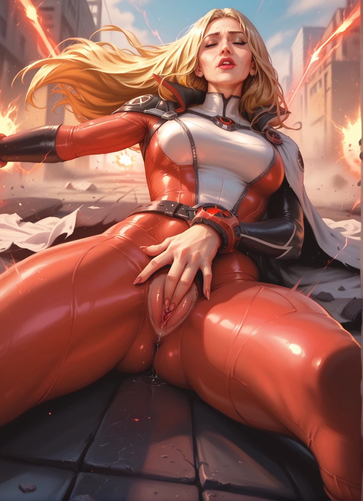 1girl, blonde hair, pussy, solo, bodysuit, breasts · Yamete.gg