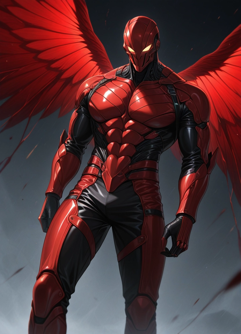 1boy, male focus, solo, wings, superhero, muscular