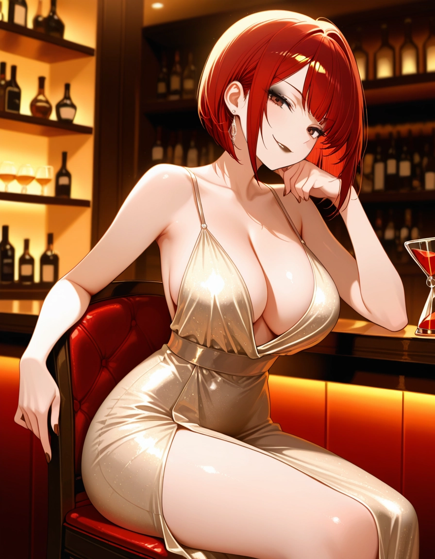 1girl, breasts, dress, red hair, solo, sitting · Yamete.gg