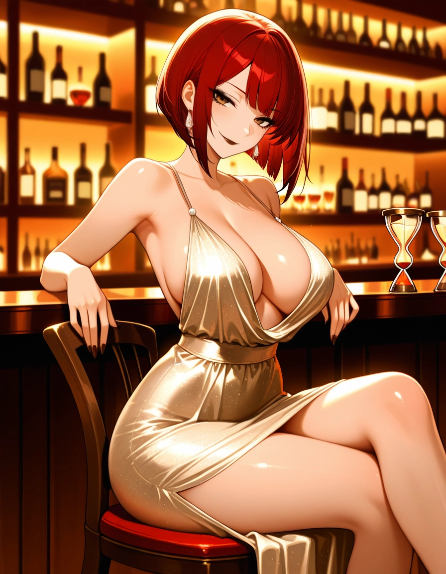 1girl, breasts, bar (place), dress, sitting, crossed legs · Yamete.gg