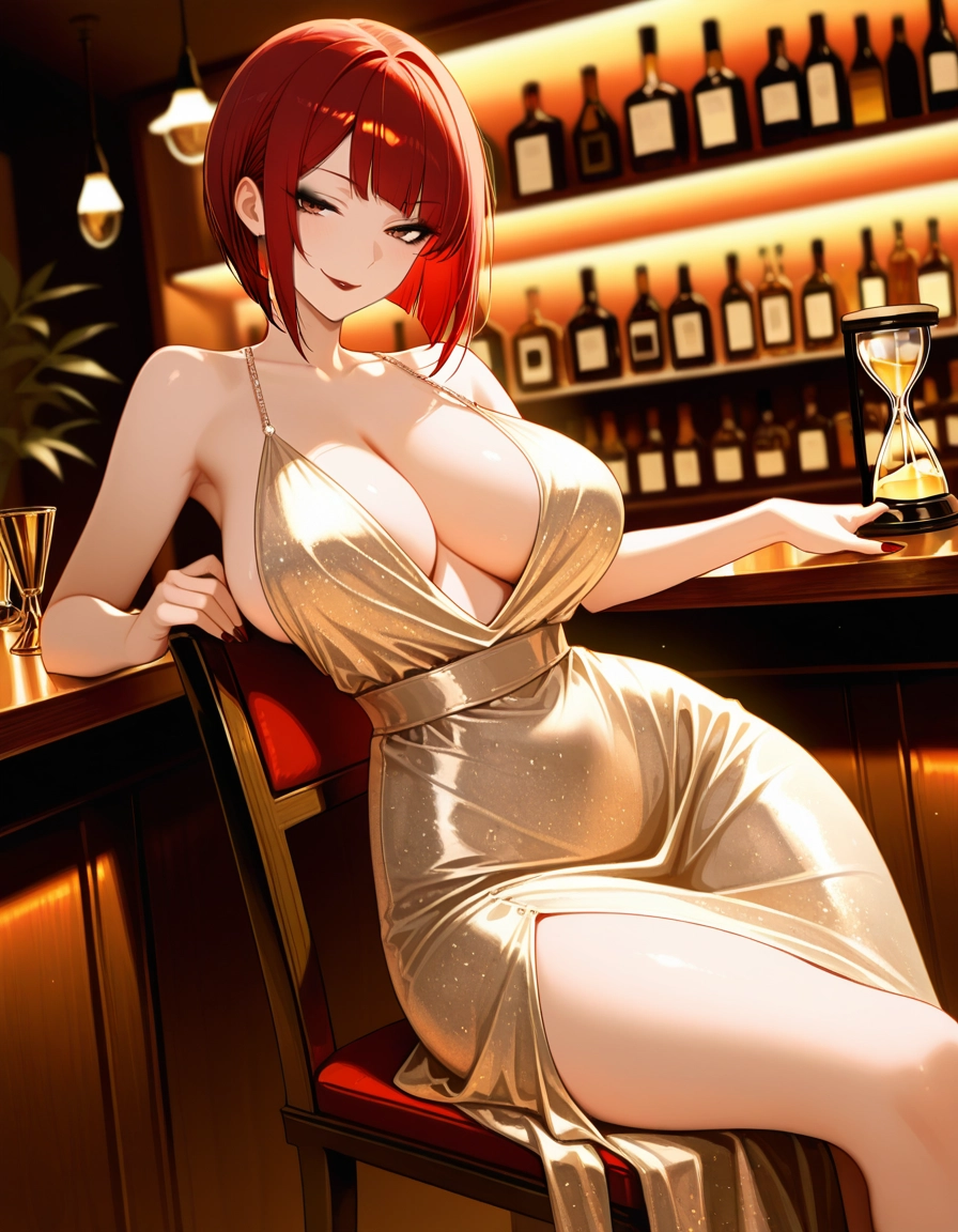 1girl, breasts, dress, red hair, solo, sitting · Yamete.gg