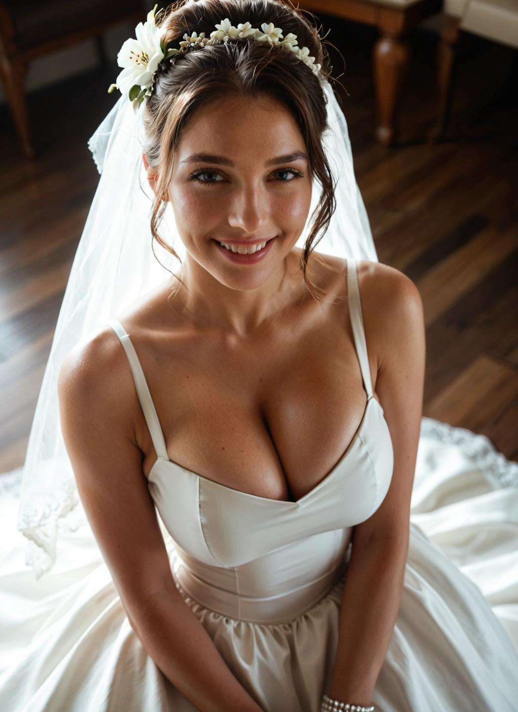 1girl, breasts, dress, cleavage, solo, wedding dress · Yamete.gg