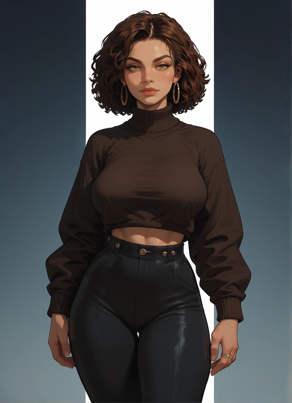 1girl, jewelry, earrings, pants, breasts, solo · Yamete.gg