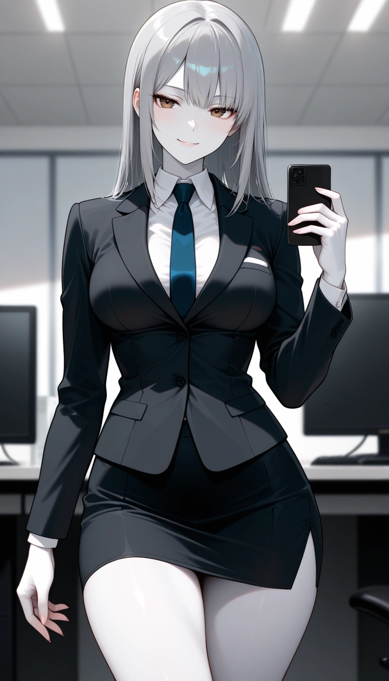 1girl, solo, phone, skirt, necktie, breasts · Yamete.gg