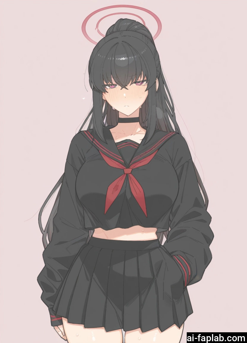 1girl, skirt, school uniform, black hair, long hair, halo