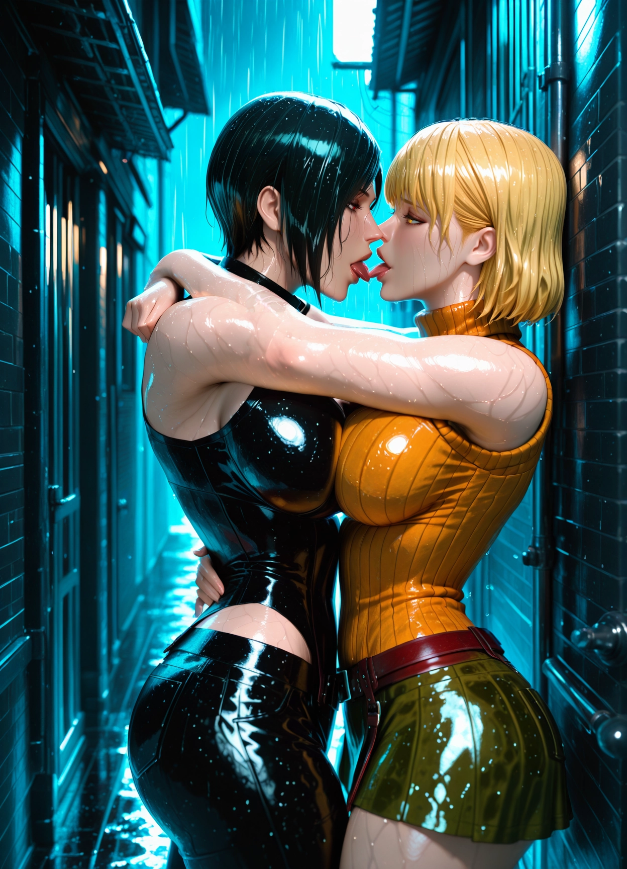 multiple girls, 2girls, french kiss, blonde hair, kiss, black hair · Yamete.gg