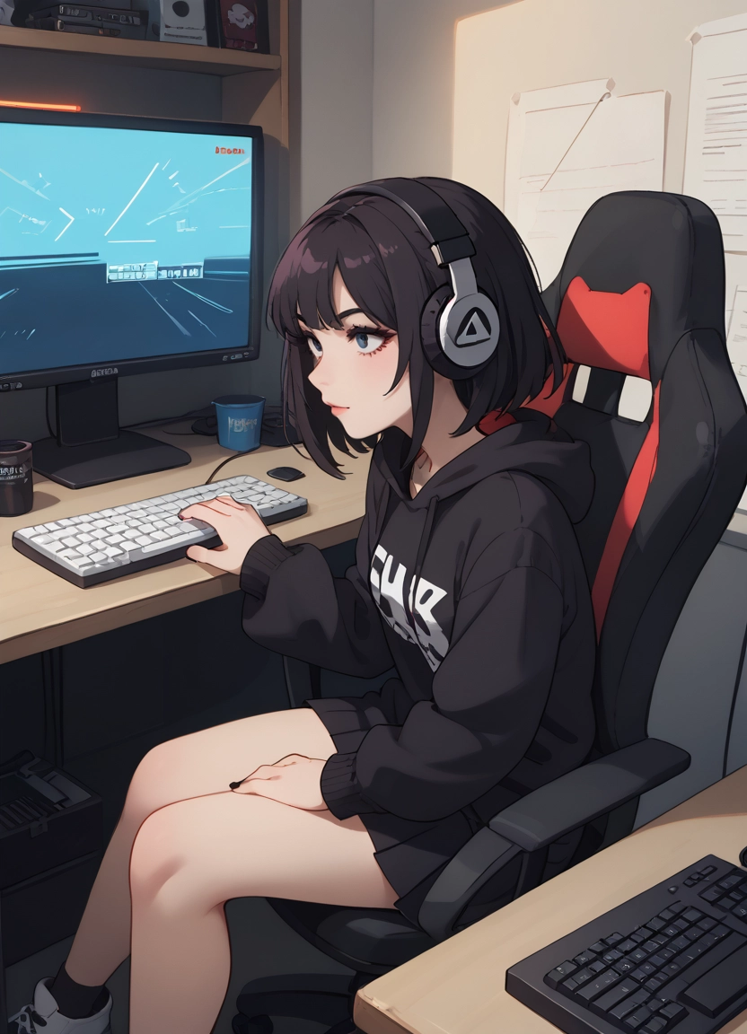 1girl, keyboard (computer), monitor, mouse (computer), sitting, solo