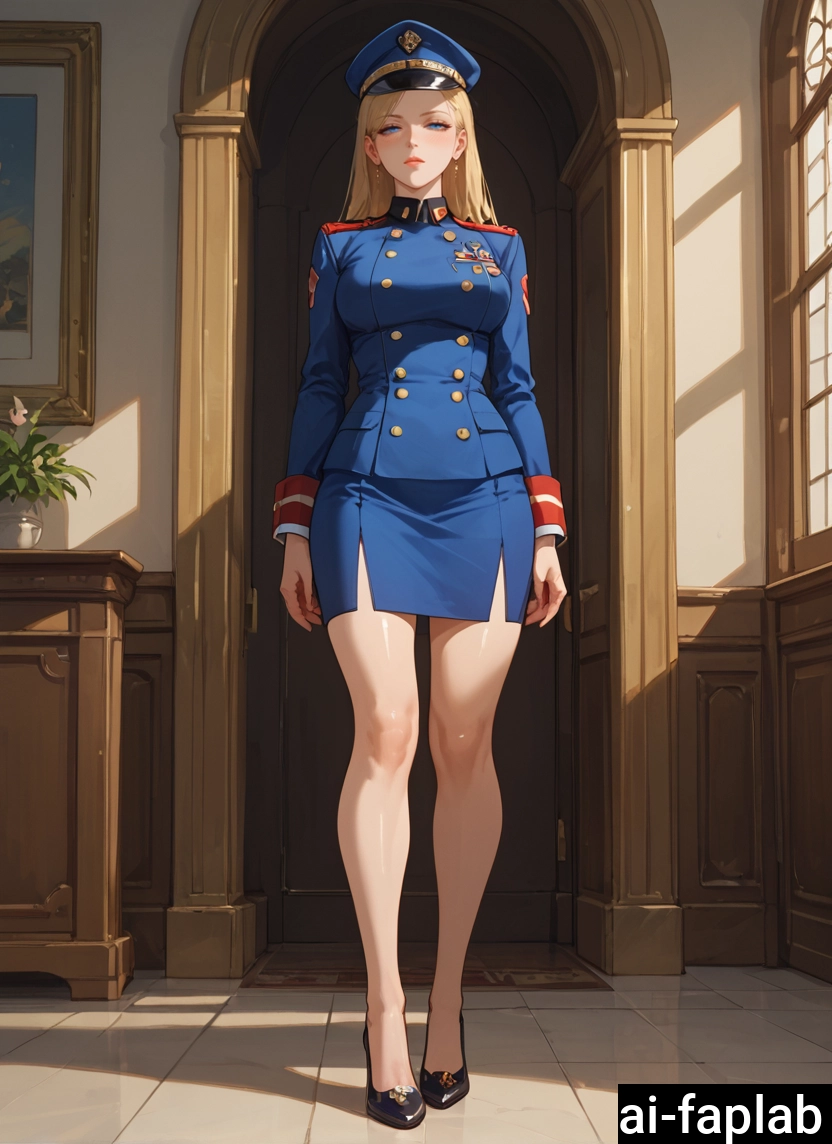 1girl, blonde hair, solo, hat, blue eyes, skirt