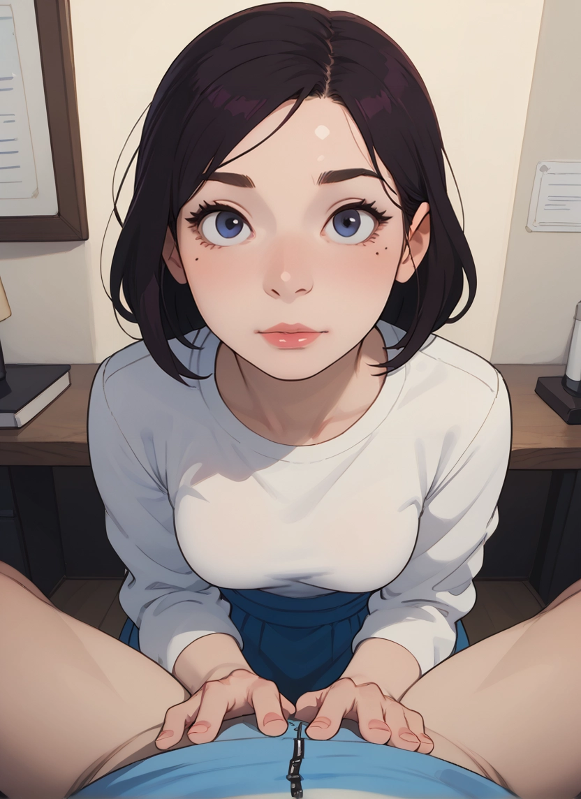 pov, 1girl, looking at viewer, blue eyes, 1boy, skirt