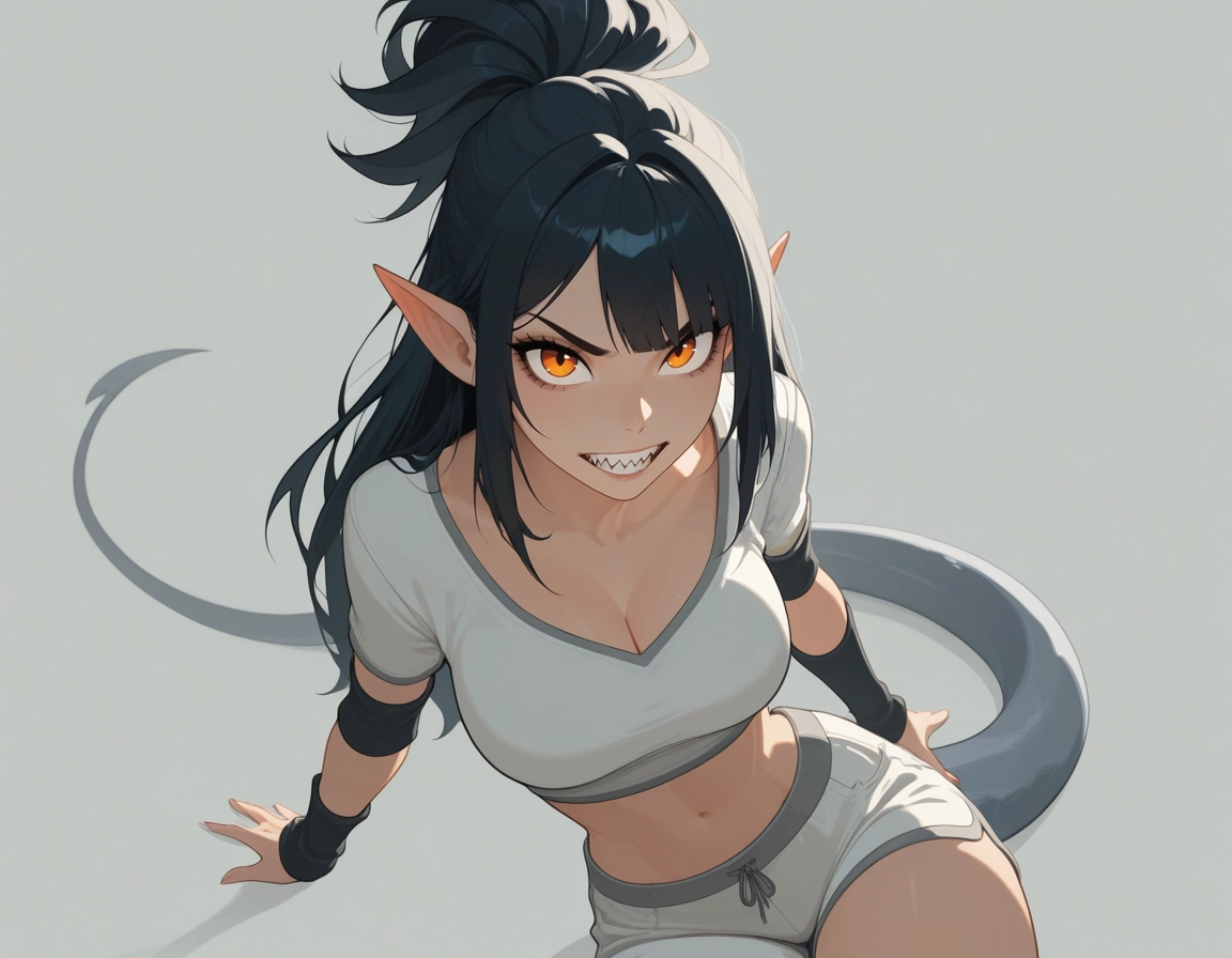 1girl, solo, teeth, pointy ears, breasts, sharp teeth · Yamete.gg