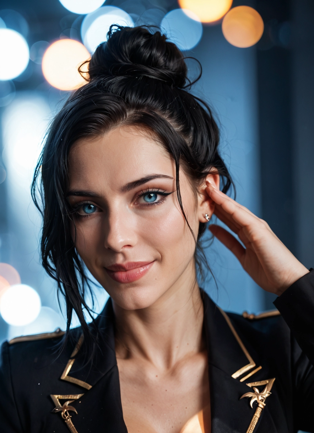 1girl, solo, blue eyes, black hair, jewelry, earrings · Yamete.gg