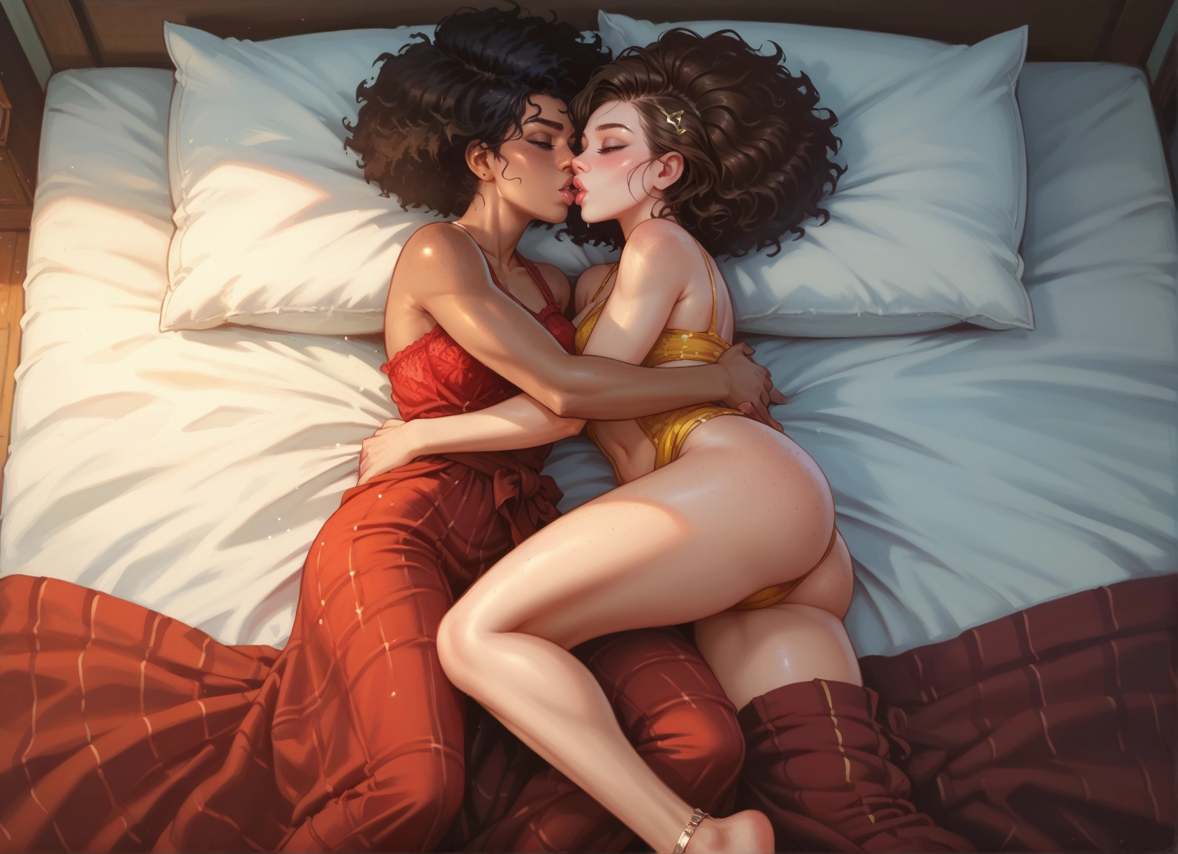 multiple girls, 2girls, yuri, dark skin, dark-skinned female, kiss · Yamete.gg
