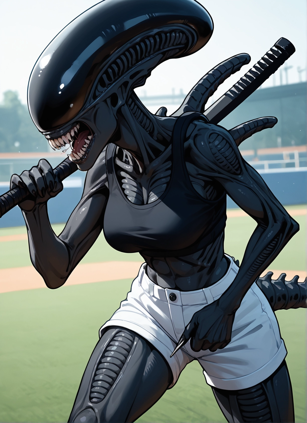 1girl, shorts, tail, teeth, weapon, solo · Yamete.gg