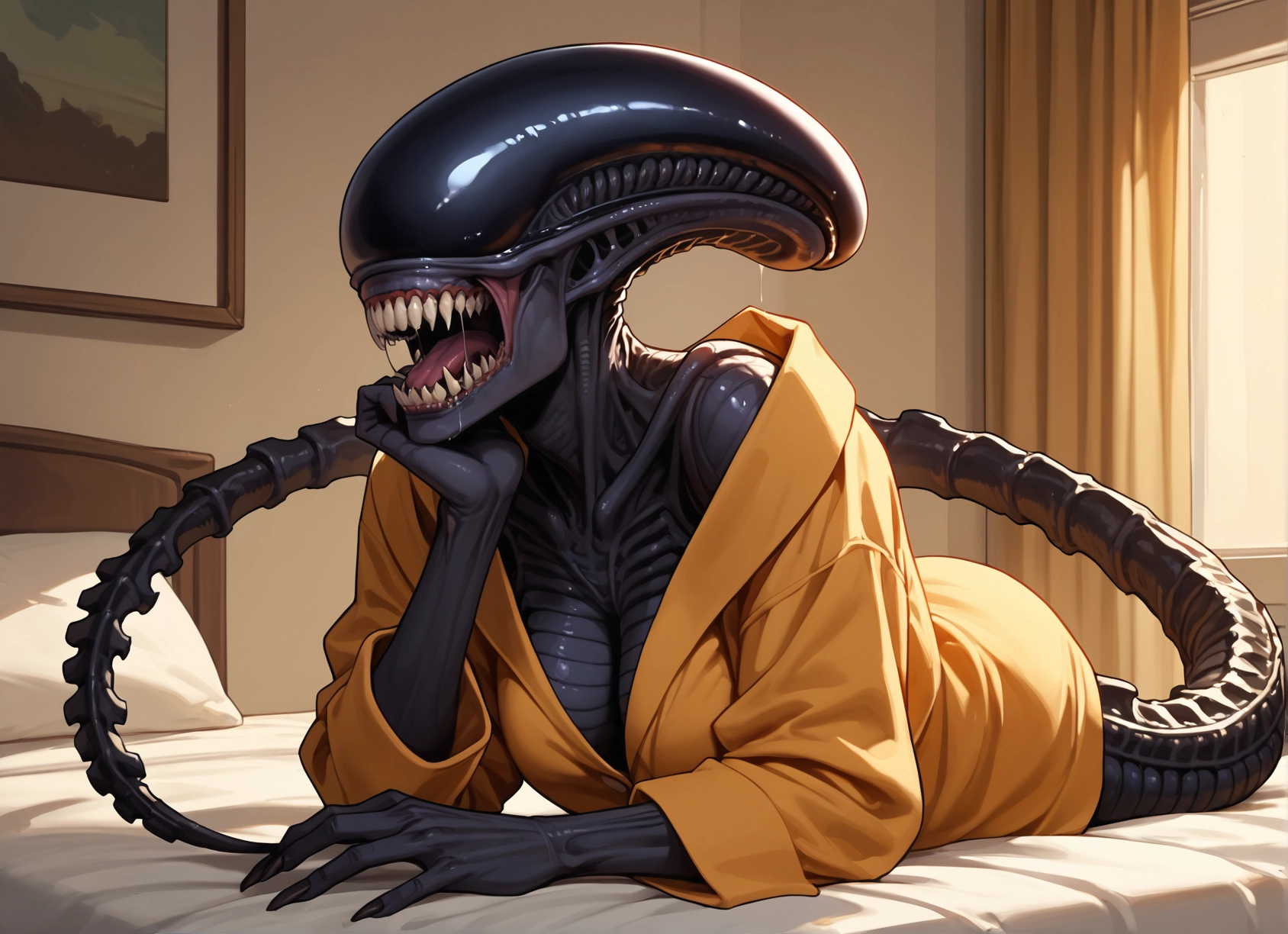 1girl, breasts, teeth, monster girl, saliva, pillow · Yamete.gg