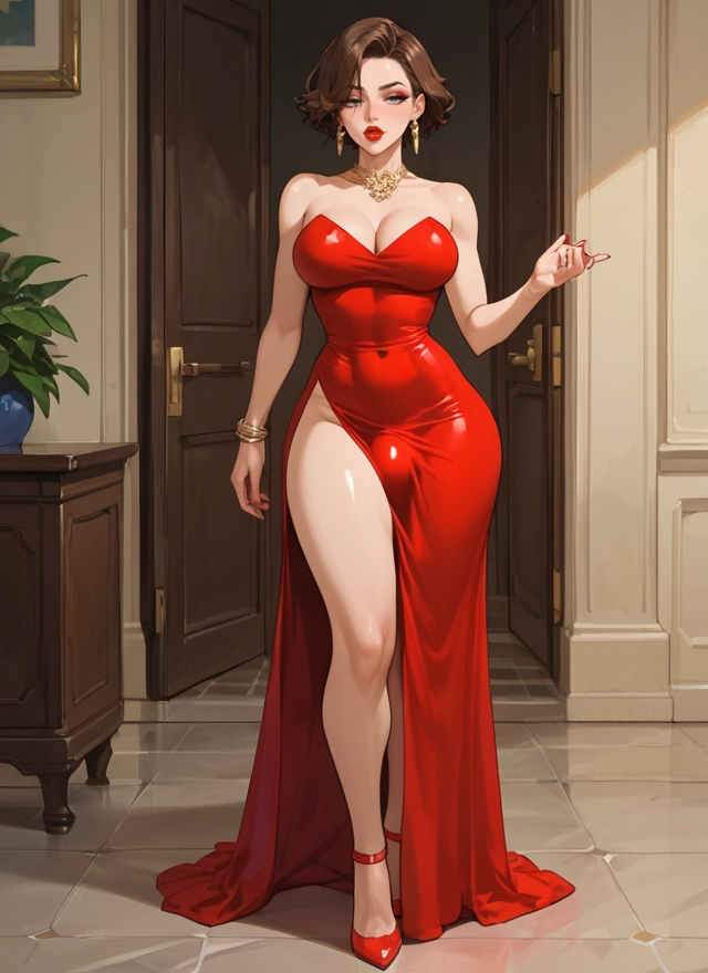 futanari, 1girl, breasts, jewelry, dress, brown hair · Yamete.gg