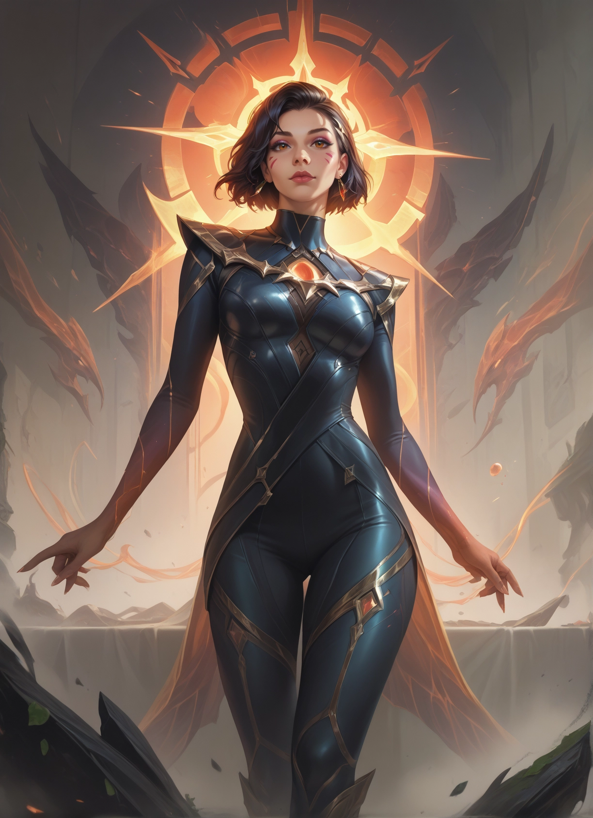 1girl, solo, jewelry, earrings, facial mark, bodysuit · Yamete.gg