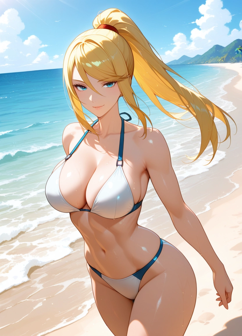 1girl, samus aran, breasts, blonde hair, swimsuit, bikini