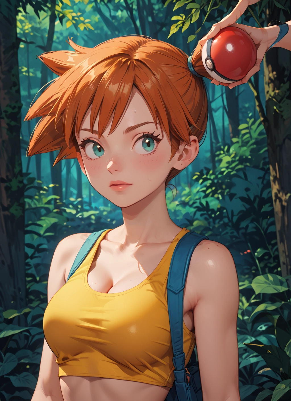 breasts, 1girl, orange hair, side ponytail, holding, cleavage · Yamete.gg