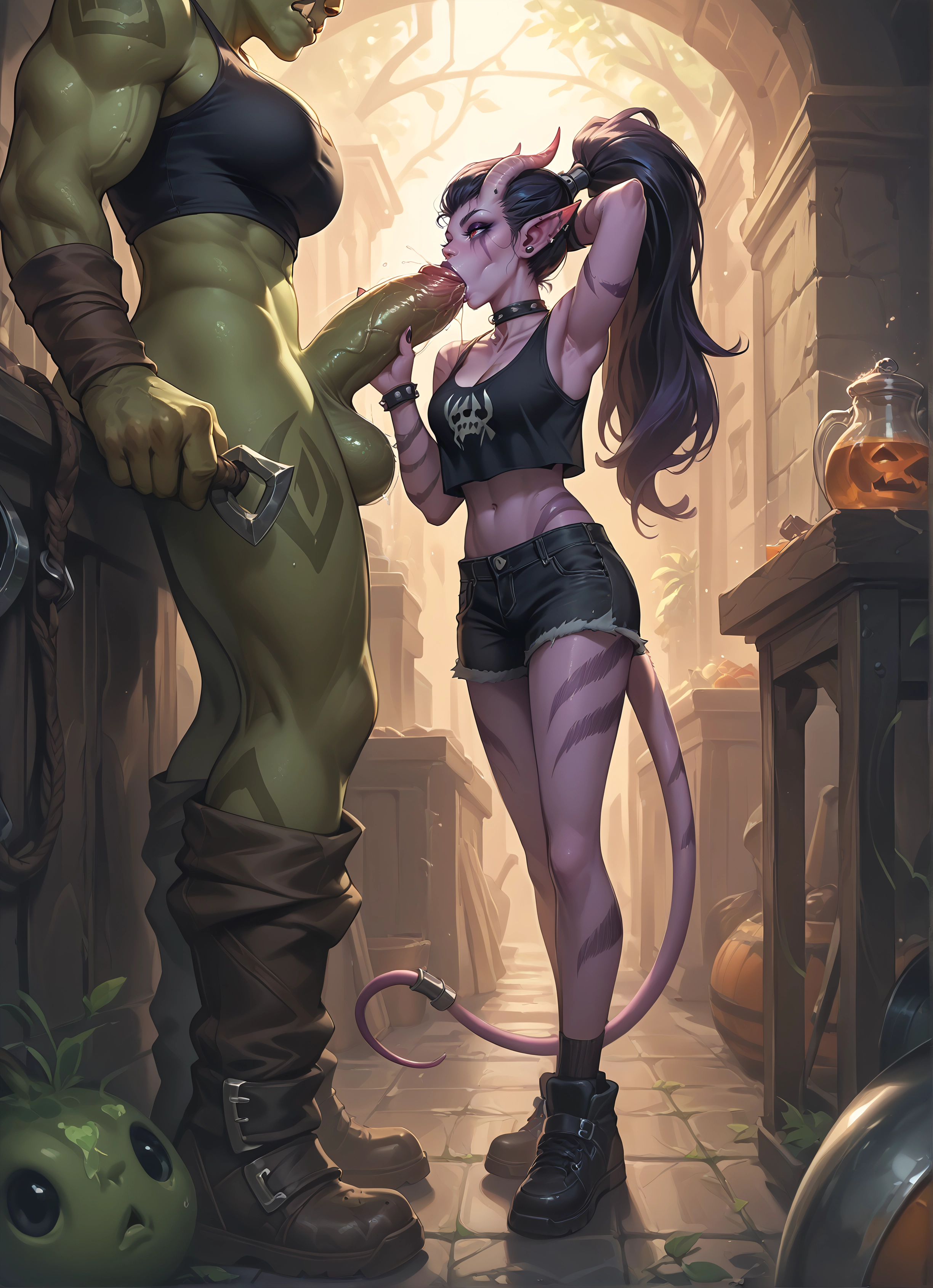 futanari, penis, oral, fellatio, shorts, colored skin · Yamete.gg