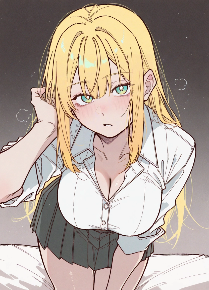 1girl, breasts, blonde hair, skirt, long hair, cleavage · Yamete.gg