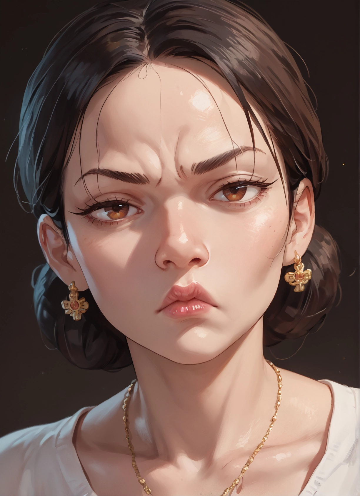 1girl, solo, jewelry, earrings, necklace, brown eyes · Yamete.gg