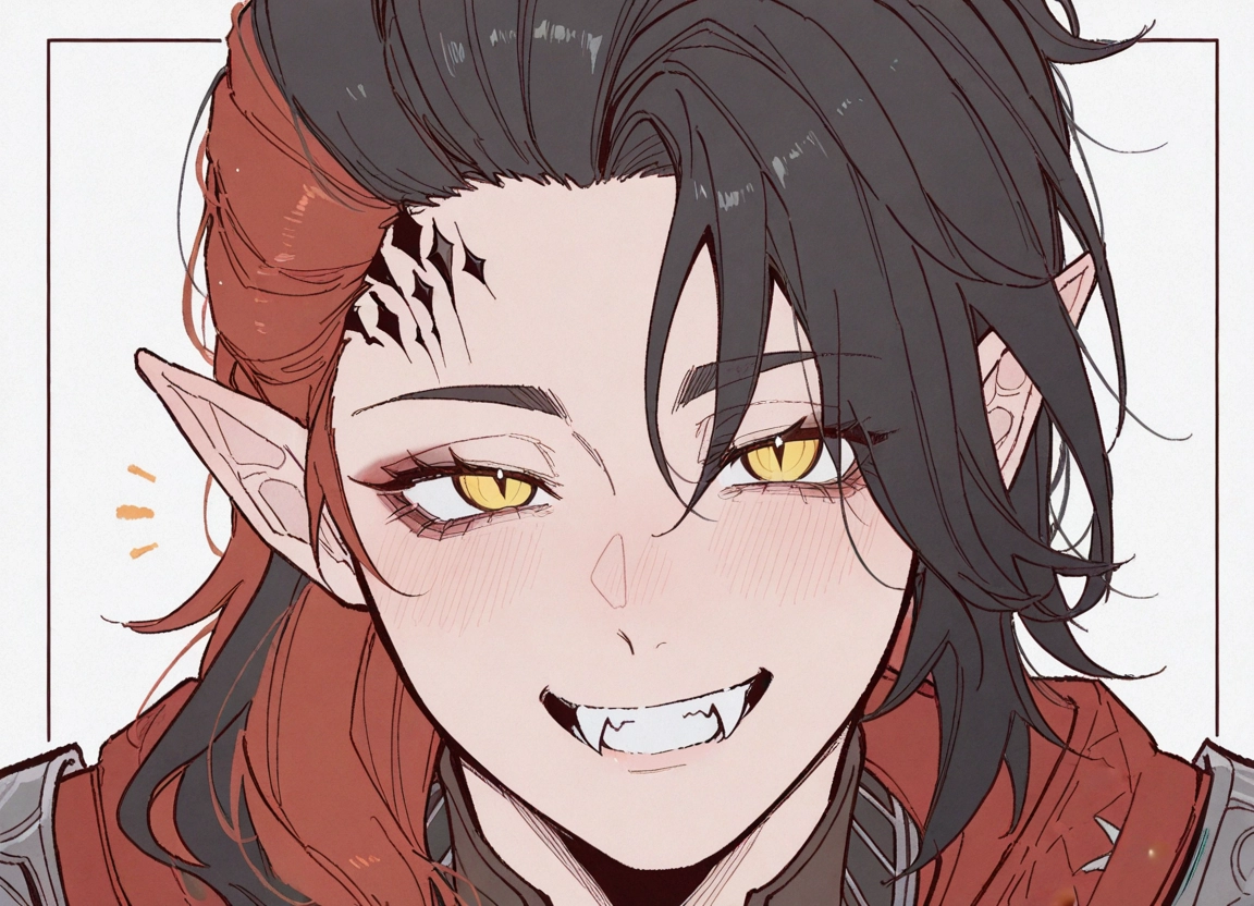 pointy ears, smile, solo, black hair, multicolored hair, yellow eyes · Yamete.gg
