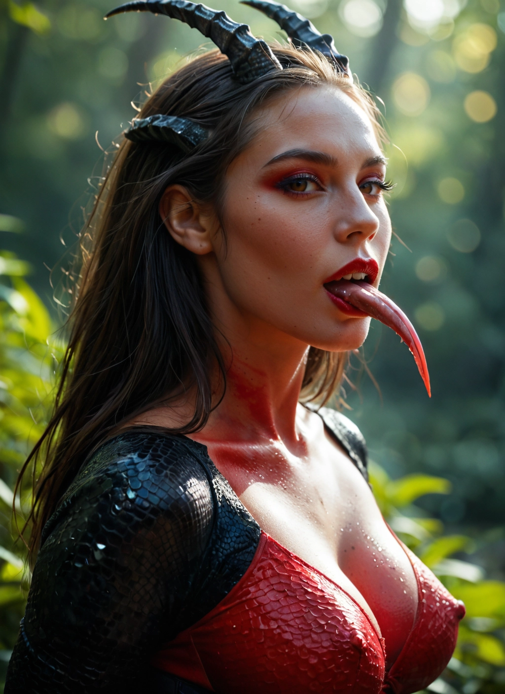 1girl, breasts, solo, tongue, horns, tongue out · Yamete.gg