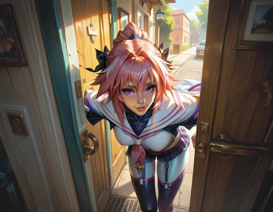 purple eyes, pink hair, male focus, 1boy, smile, solo · Yamete.gg