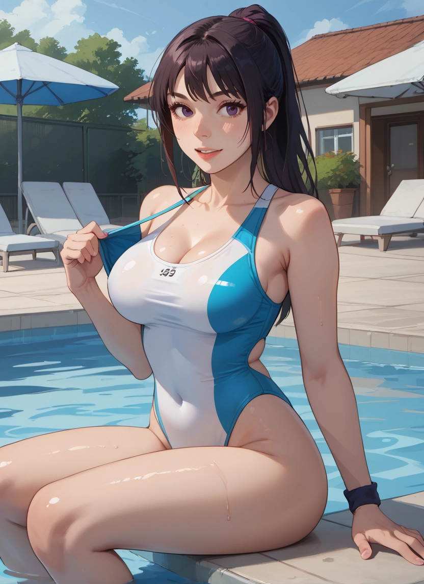 1girl, breasts, swimsuit, one-piece swimsuit, solo, sitting · Yamete.gg