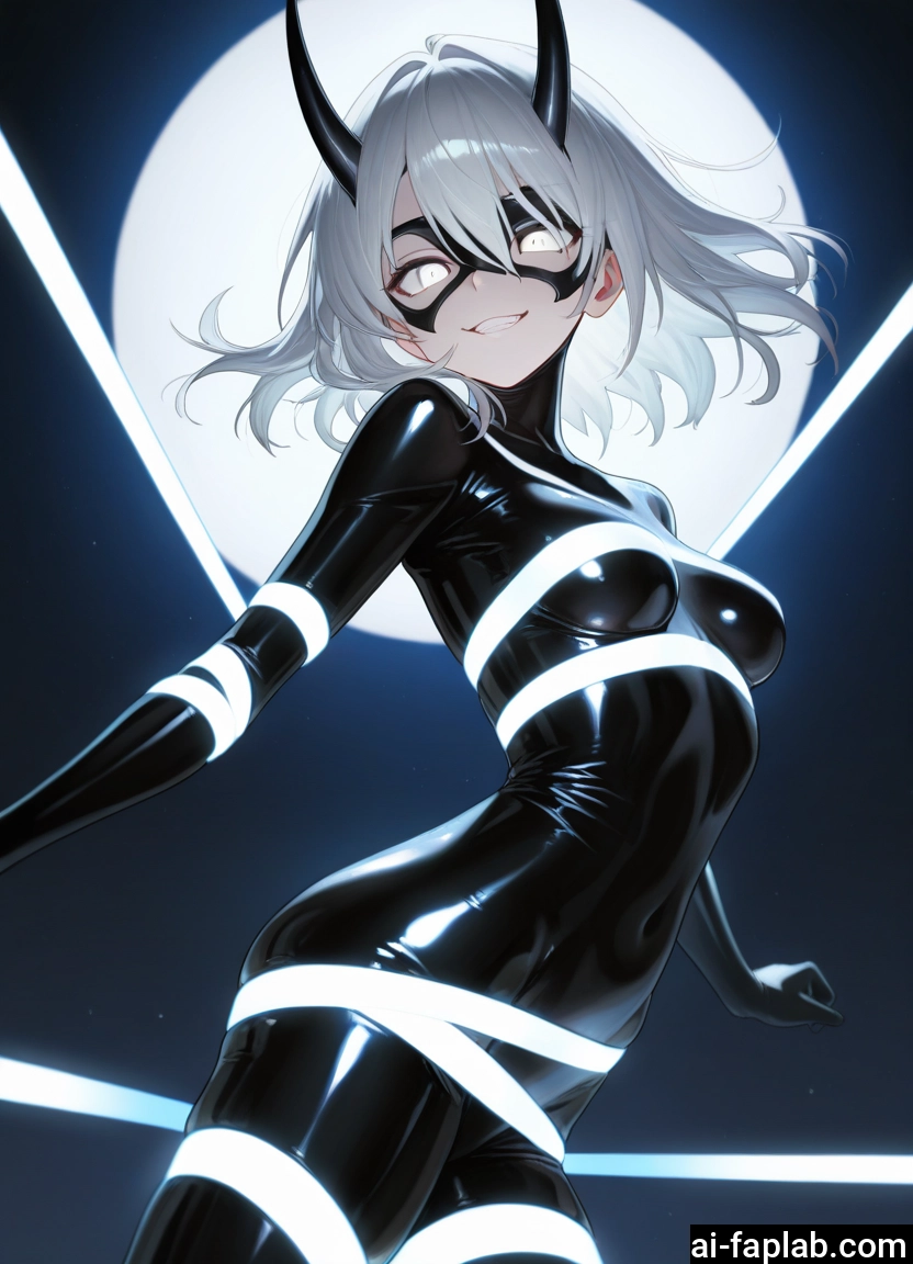 1girl, bodysuit, breasts, solo, horns, smile