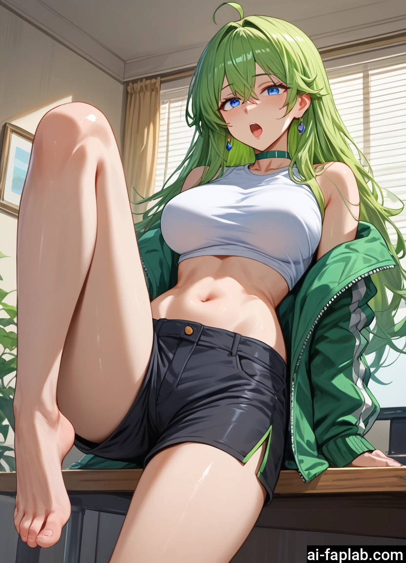 1girl, breasts, shorts, navel, barefoot, blue eyes