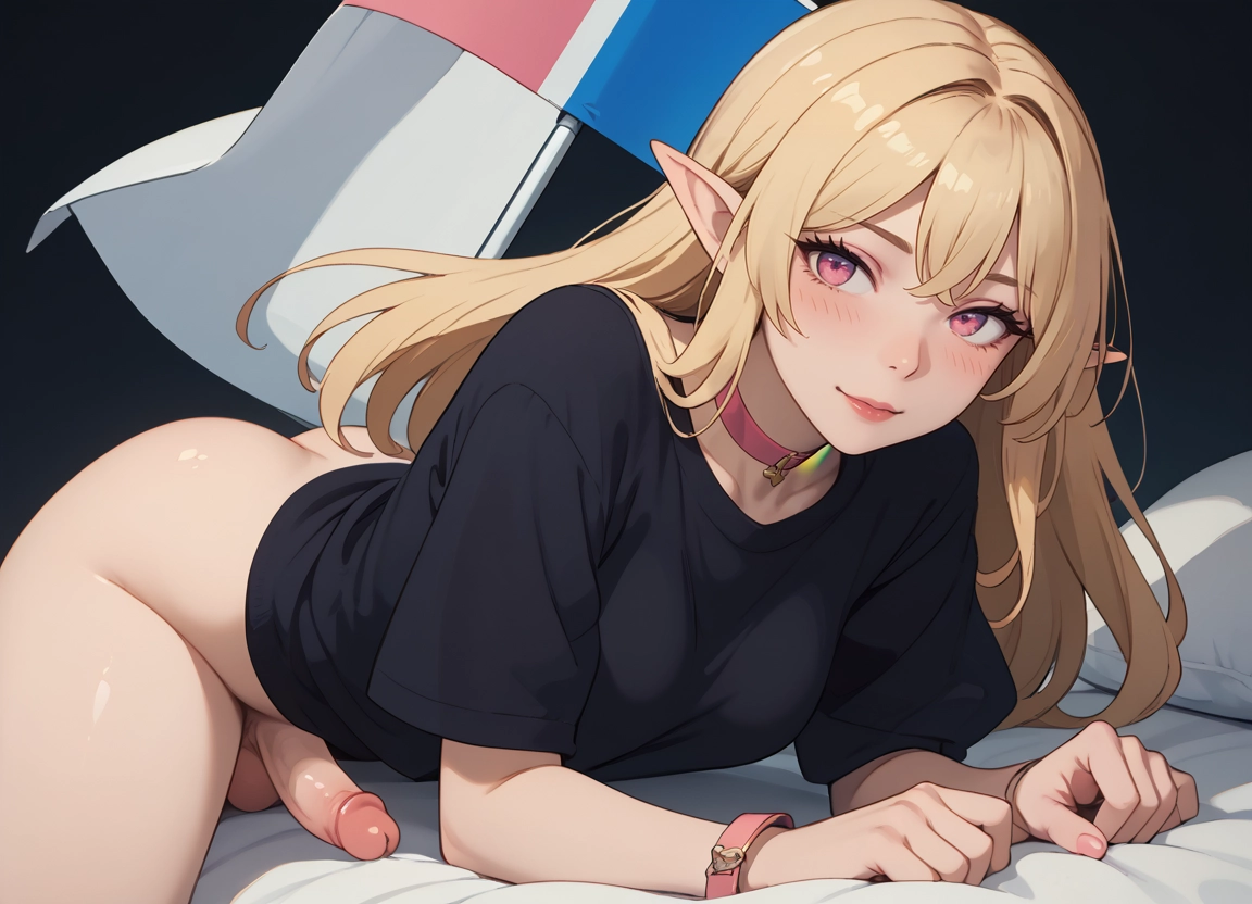 solo, pointy ears, blonde hair, penis, shirt, black shirt · Yamete.gg