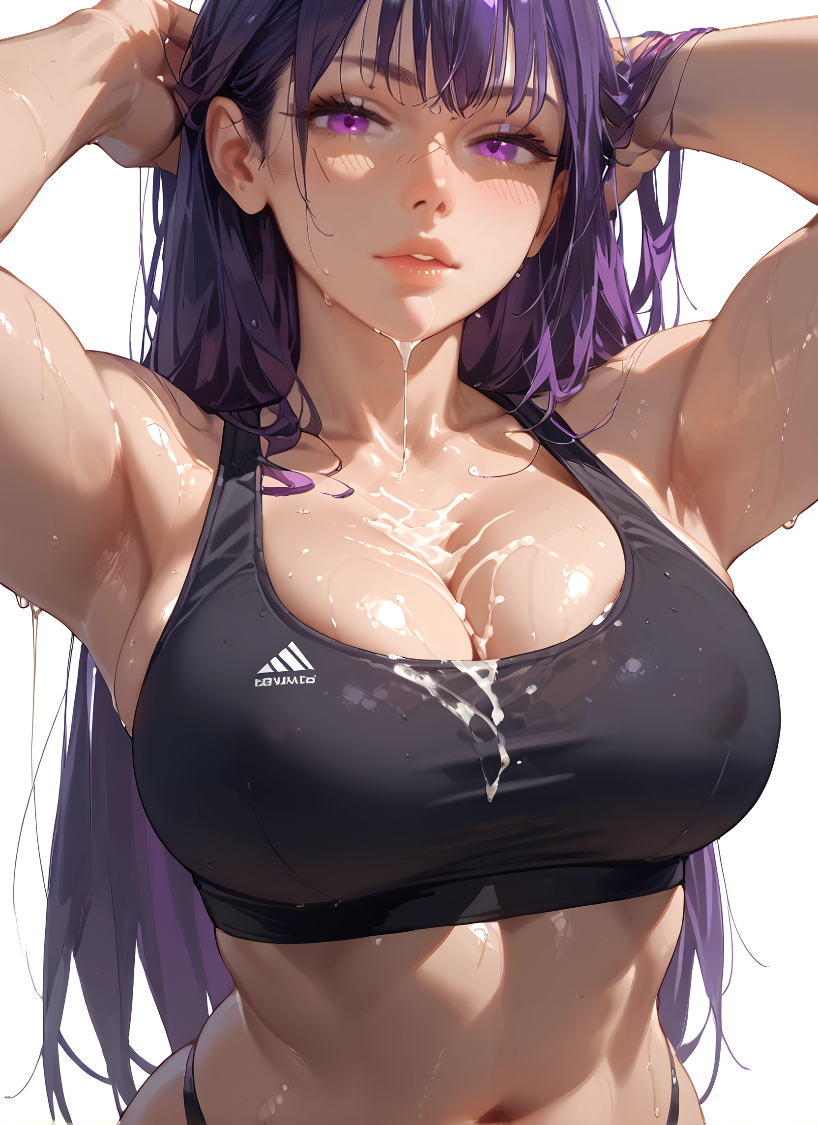 breasts, 1girl, purple hair, purple eyes, long hair, navel · Yamete.gg